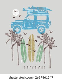 Illustration of a composition with a car silhouette, coconut trees and surfboards. Art alluding to an adventure trip.