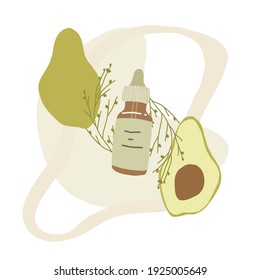 Illustration with composition of cosmetic items, serum, plants, avocado