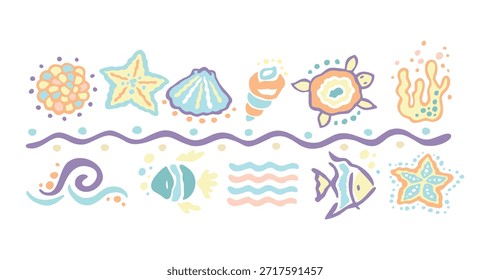 Ilustración de una composición con Elementos de la vida marina. Arte en líneas simples y delicadas.