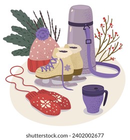 An illustration with a composition of objects for winter outdoor activities - ice skates, a thermos for tea, warm mittens, a thermocup, a woolen hat. Vector illustration in the style of hand-made flat