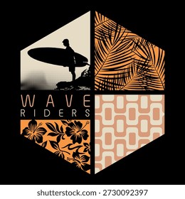Ilustración de una composición con Elementos tropicales y la silueta de un surfista.