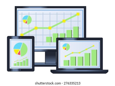 Illustration of the computer business financial graph on monitor, laptop and tablet