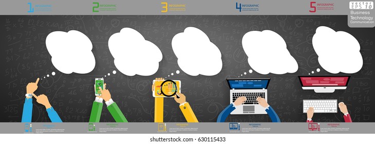 illustration Computer, Cellphone, Tablet, Laptop,Watch, Business Technology  Communication - modern Idea and Concept Vector Infographic template with Background Calculate numbers,Speech bubbles.
