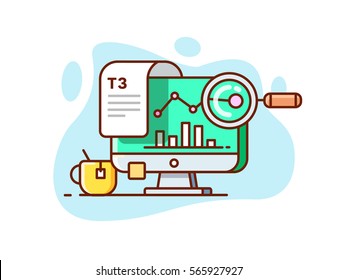 illustration of a computer with charts on the screen, Analytics, magnifying glass and document in flat style