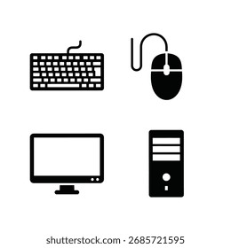 Illustration of computer components: keyboard, mouse, monitor, and computer tower, all in black and white.