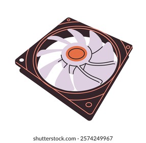 Illustration of a computer cooling fan with purple blades, black frame, and red accents, isolated on a white background. Concept of hardware and technology. Vector illustration