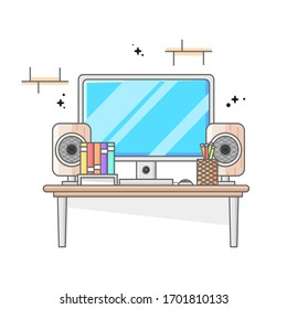 illustration computer desktop on the table with two speaker sound system in fron along with books and pencil case, flat design