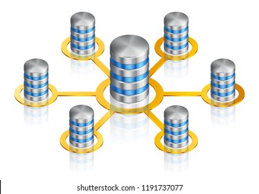 illustration of computer disk, vector isometric icon of database with progress bar, connected in network, EPS 10 contains transparency.