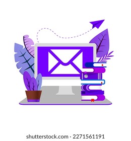 Illustration of a computer with email on the display. Newsletter concept. Vector