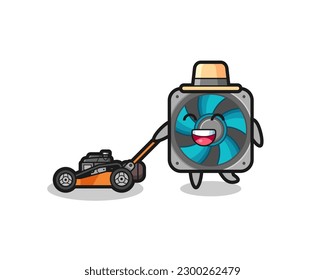 illustration of the computer fan character using lawn mower , cute style design for t shirt, sticker, logo element