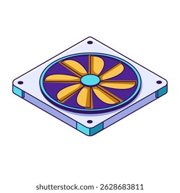 illustration of a computer fan designed for internal cooling. The fan features a circular blade design within a square frame, emphasizing airflow and thermal management 