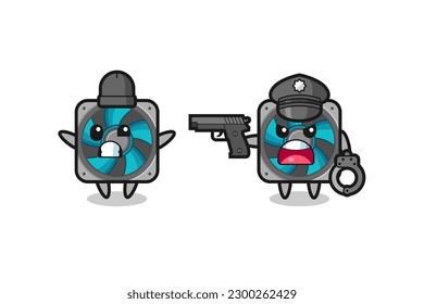ilustración del ladrón de fans de la computadora con las manos arriba pillada por la policía, diseño de estilo lindo para camiseta, pegatina, elemento logo