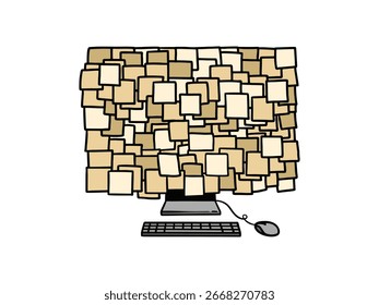 Ilustración de una computadora llena de papeles apilados en la pantalla, que representa el trabajo ocupado, aislado de un fondo blanco