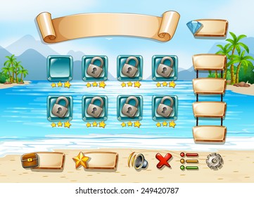 Illustration of a computer game with beach background