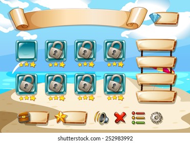 Illustration of a computer game with beach background