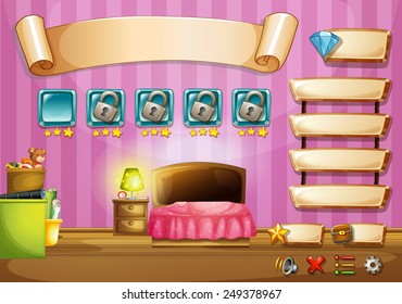 Illustration of a computer game with bedroom background