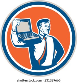 Illustration of a computer geek technician man carrying computer laptop on shoulder looking to the side set inside circle on isolated background done in retro style. 