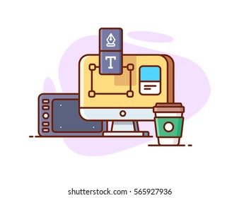 illustration of computer with a graphics tablet, a mug of coffee, and work in a graphics editor in flat style