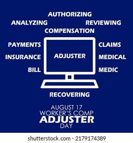 Illustration Of A Computer Icon With Words And Bold Text On Dark Blue Background To Commemorate National Workers' Comp Adjuster Day August 17