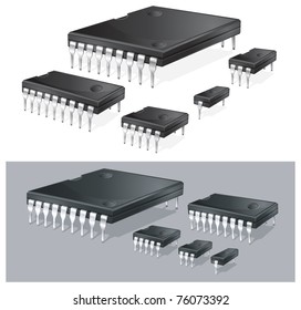 Illustration Of Computer Microchips Isolated On White Background, Integrated Circuit, Vector