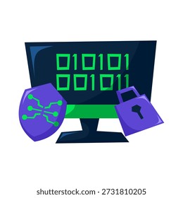 Ilustração de um monitor de computador com código binário e um ícone de escudo, representando criptografia de dados e proteção de informações digitais.