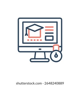 Illustration of a computer monitor displaying graduation cap with a padlock showing online education security. Flat design on White Background.