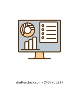 Illustration of a computer monitor displaying pie chart, bar graph, and bullet list, representing data analysis or business reporting