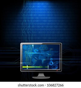 illustration of computer monitor on abstract binary background