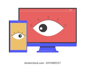 Illustration of a computer monitor and smartphone displaying an eye symbol, representing internet surveillance and data monitoring. Highlights online privacy, cybersecurity, and digital safety. Vector