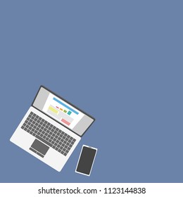 Illustration of Computer notebook with business work on screen and smartphone