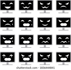 Ilustración de una computadora con una cara aterradora en una pantalla negra