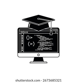Ilustração de uma tela de computador com código e um boné de graduação, representando a educação em programação e desenvolvimento de software