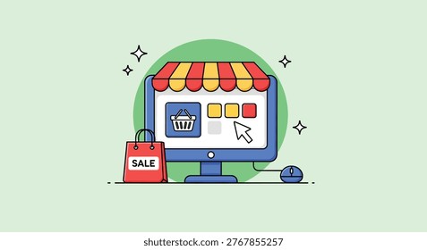 Illustration of a computer screen displaying an online store interface with a shopping cart and sale bag.