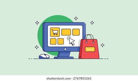 Illustration of a computer screen displaying online shopping interface with a shopping bag and mouse, representing e-commerce.