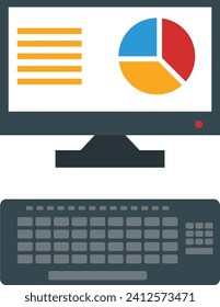 Ilustración de una pantalla de computadora que muestra una base de datos y una gráfica con un teclado en un fondo blanco