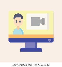 Illustration of a computer screen displaying a video call interface with a person and camera icon