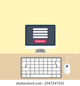 Illustration of a computer screen with a keyboard. Concept of registering on a website.