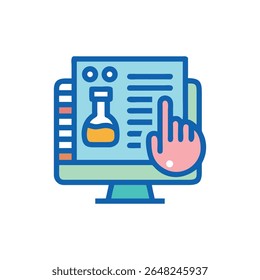 Illustration of a computer screen with a lab flask, selected by a hand. Clean flat design.