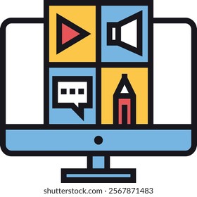 Illustration of a computer screen with multimedia icons, representing digital media, communication, and technology