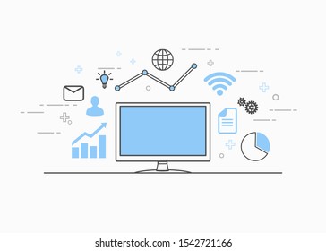 illustration of a computer screen surrounded by icons