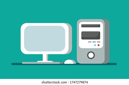 Illustration of a computer set on a green background. Vector. Graph.