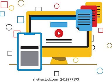 Illustration of a computer and a tablet with document files above them. The concept of working with e-mail, text files, and various search materials.