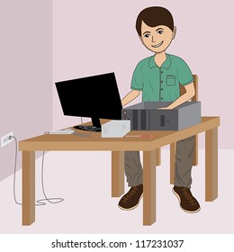 illustration of computer technician troubleshooting a cpu unit on his working table.