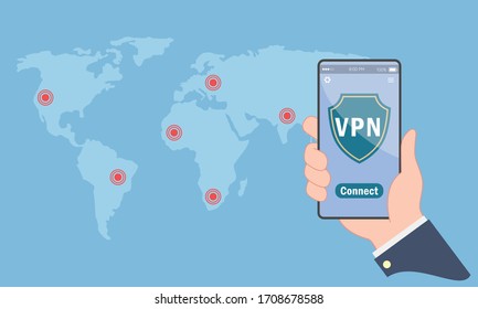 Illustration of computer user connecting to a secure and protected Virtual Private Network (VPN) via mobile phone.