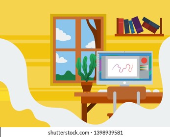 Illustration A computer work desk near a window with blue sky views working on the digital drawing