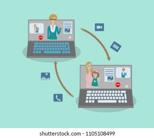 illustration of computers with icon and people talking in a social network. Young mother with baby talking with woman grandmother. Flat disign. Internet communnication concept.