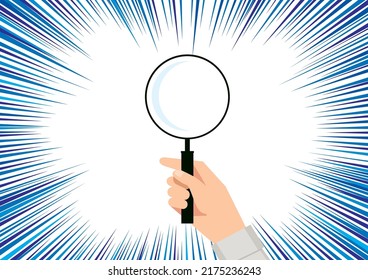 Illustration of a concentrated line, a radiation background and a magnifying glass, and a hand holding a magnifying glass. Image illustrations of searches, surveys, and reviews.