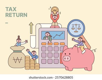 Illustration of a concept about money, economy, finance and taxes. Cute little people waving their hands around a giant piggy bank and calculator. Cuttiny character with outline.