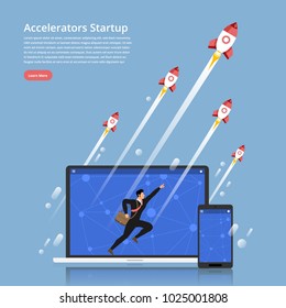 Illustration concept accelerators startup business technology with entrepreneur run up on labtop & Mobile  and rocket rise to top. Flat design vector.