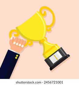 illustration of the concept of achieving business goals, a businessman holding a trophy in his hand, becoming a successful entrepreneur. Flat style vector illustration